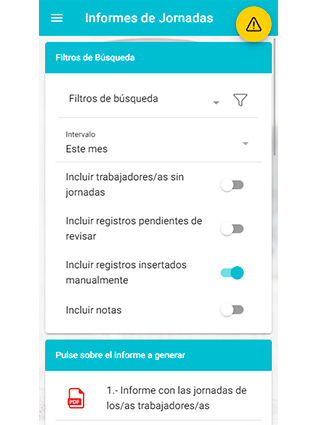 Pantalla para visualizar o descargar informes de jornada