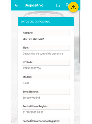 Pantalla de datos de configuración del lector de huellas